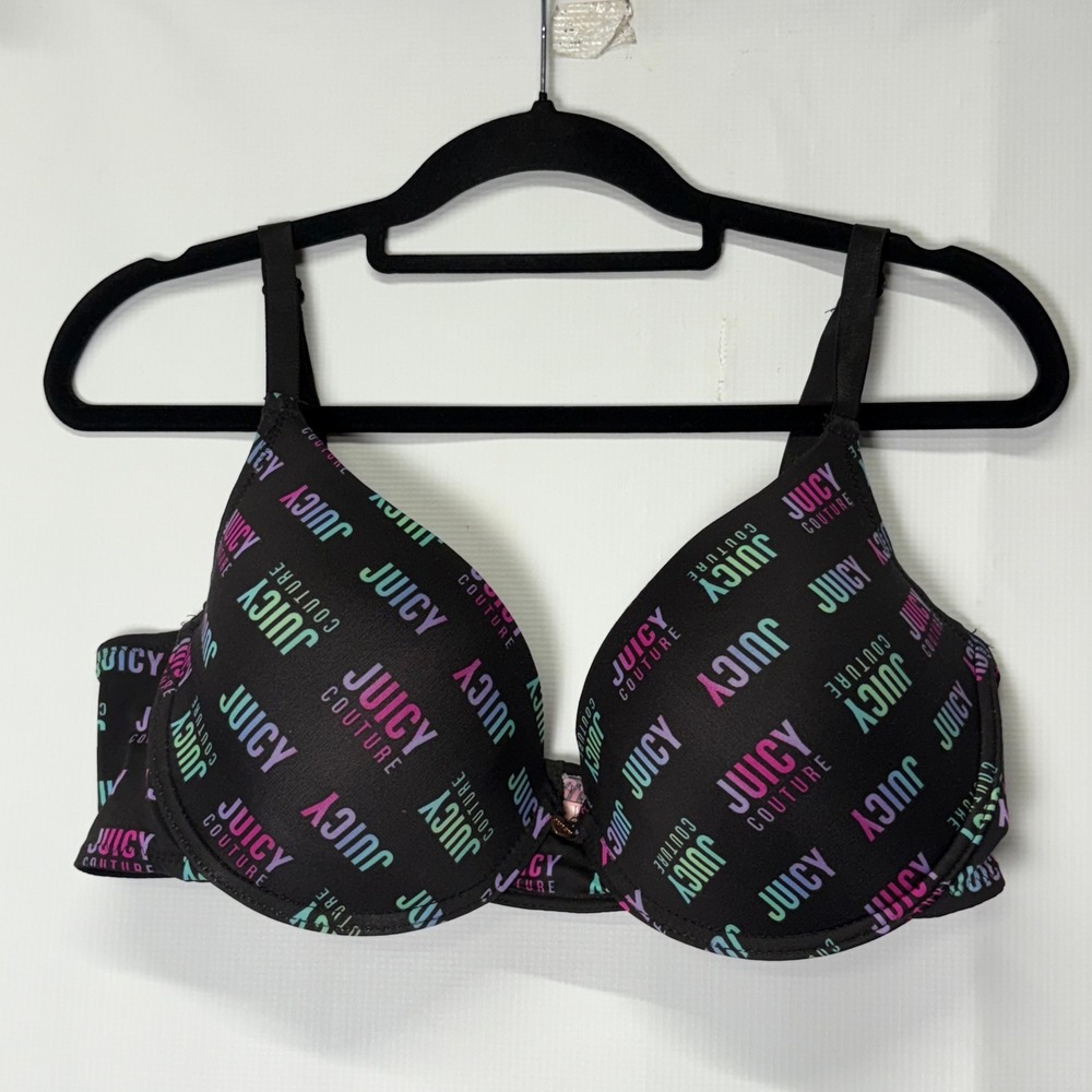 Juicy Couture Bra Black Multicolor Logo Heart Charm Size 38DD Intimates